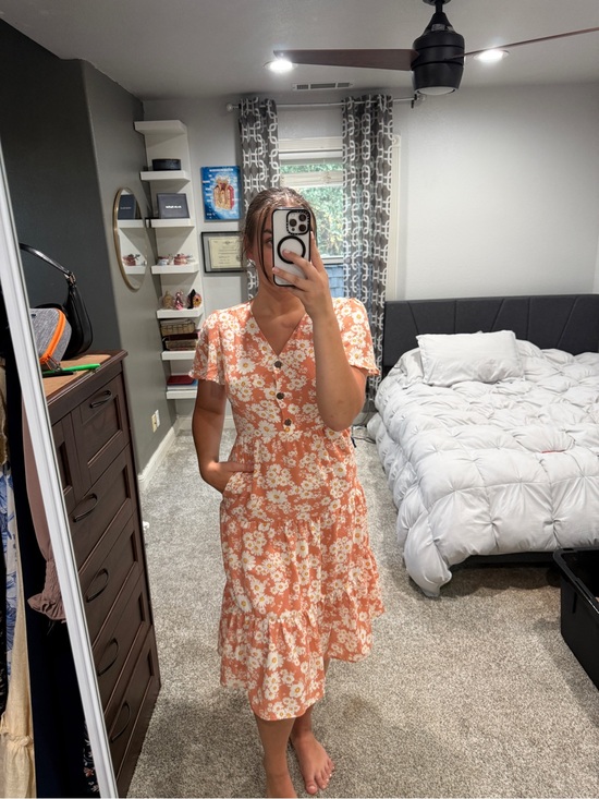 Monteau Dresses & Skirts - Monteau Peach Floral V-Neck Button Midi Dress